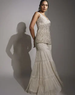 Ivory And Gold Embroidered Sharara Set