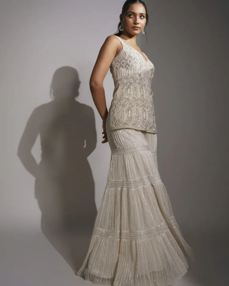 Ivory And Gold Embroidered Sharara Set