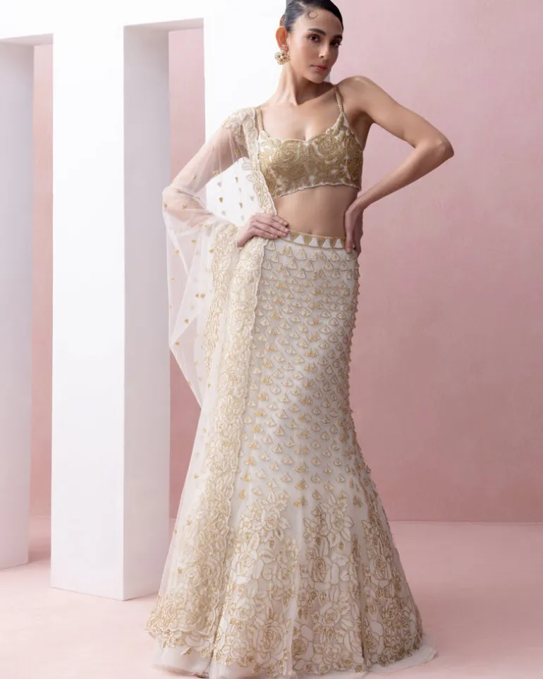 Ivory and Gold Fishtail Organza Applique, Crystals Lehenga Set