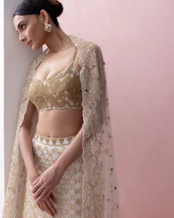 Ivory and Gold Fishtail Organza Applique, Crystals Lehenga Set