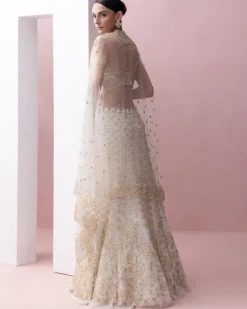 Ivory and Gold Fishtail Organza Applique, Crystals Lehenga Set