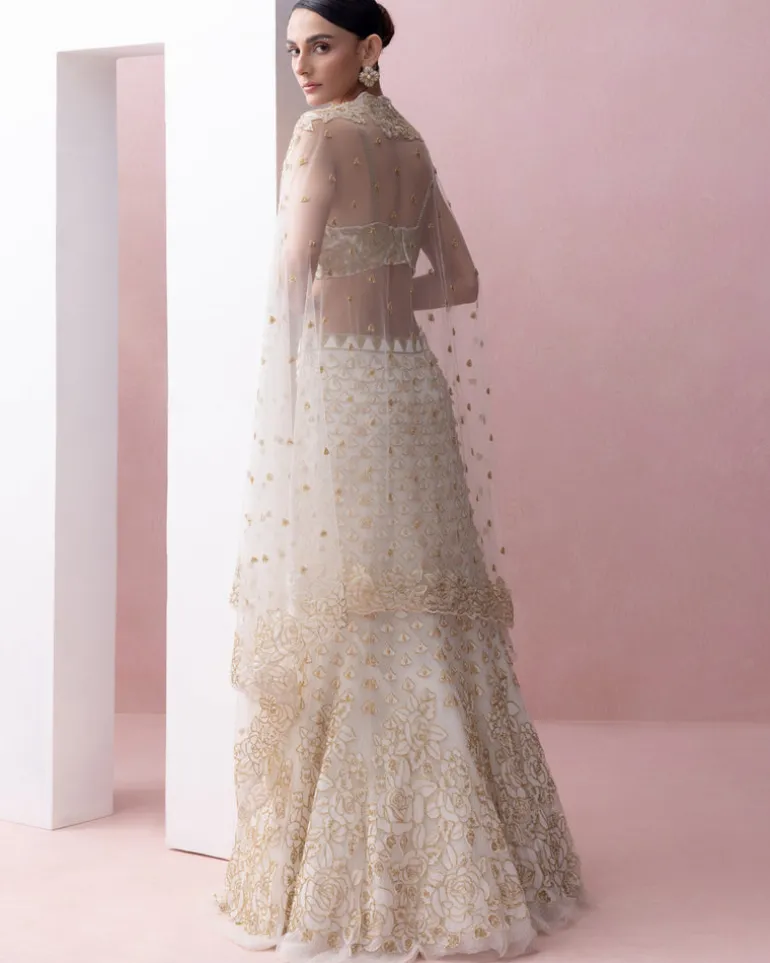 Ivory and Gold Fishtail Organza Applique, Crystals Lehenga Set