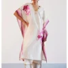 Ivory And Pink Silk Chanderi Hand-Painted Embroidered Kaftan Set