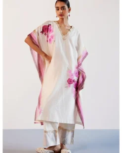 Ivory And Pink Silk Chanderi Hand-Painted Embroidered Kaftan Set
