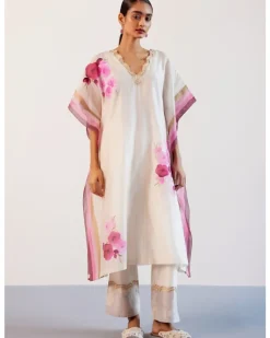 Ivory And Pink Silk Chanderi Hand-Painted Embroidered Kaftan Set