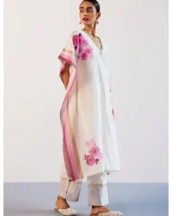 Ivory And Pink Silk Chanderi Hand-Painted Embroidered Kaftan Set
