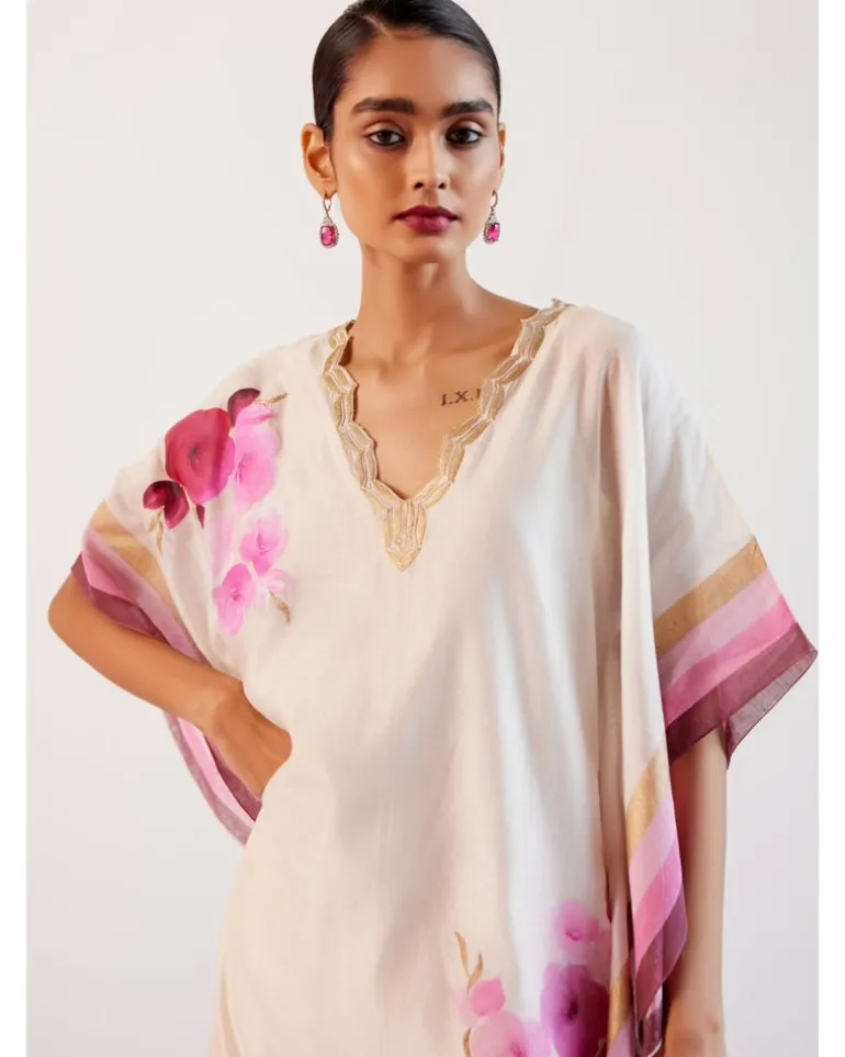 Ivory And Pink Silk Chanderi Hand-Painted Embroidered Kaftan Set