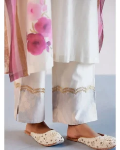 Ivory And Pink Silk Chanderi Hand-Painted Embroidered Kaftan Set