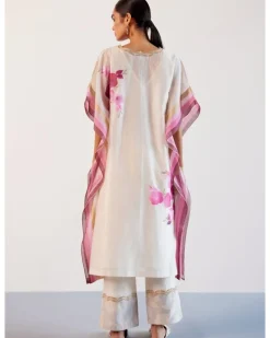 Ivory And Pink Silk Chanderi Hand-Painted Embroidered Kaftan Set