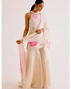 Ivory And Pink Silk Organza Hand-Painted Embroidered Sharara Set