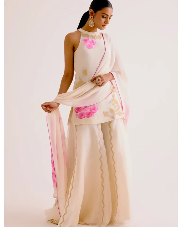 Ivory And Pink Silk Organza Hand-Painted Embroidered Sharara Set