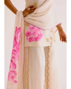 Ivory And Pink Silk Organza Hand-Painted Embroidered Sharara Set