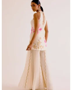 Ivory And Pink Silk Organza Hand-Painted Embroidered Sharara Set