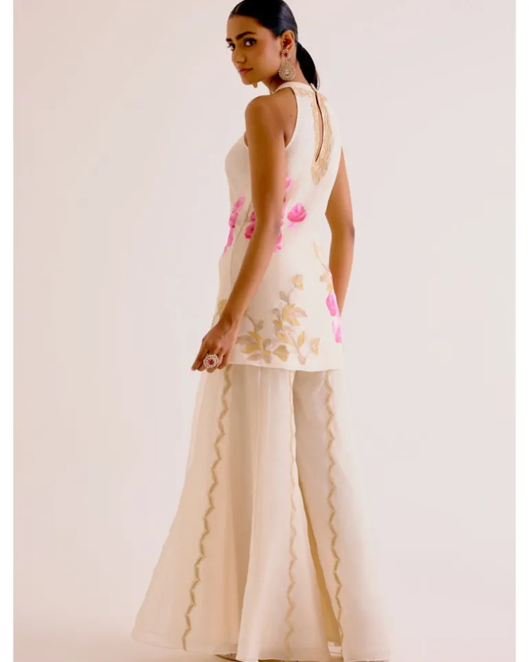Ivory And Pink Silk Organza Hand-Painted Embroidered Sharara Set