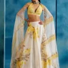 Ivory And Yellow Silk Chanderi Hand-Painted Embroidered Lehenga Set