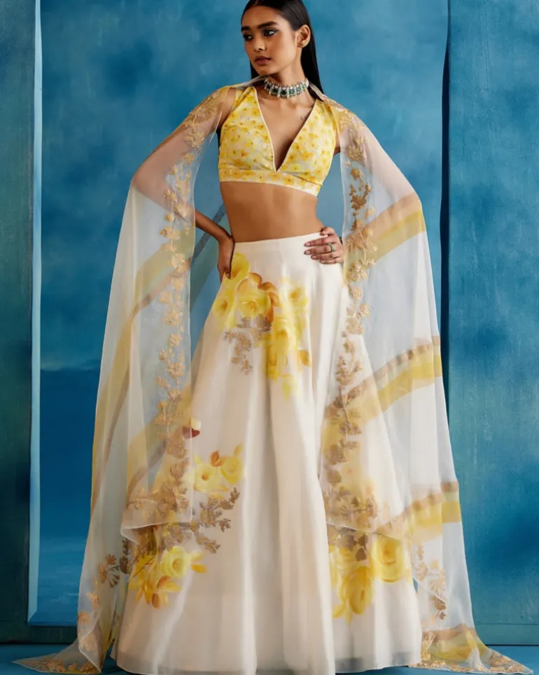 Ivory And Yellow Silk Chanderi Hand-Painted Embroidered Lehenga Set