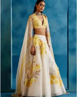 Ivory And Yellow Silk Chanderi Hand-Painted Embroidered Lehenga Set