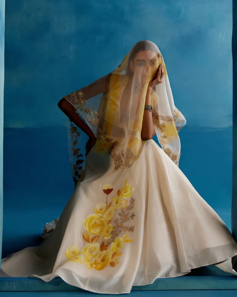 Ivory And Yellow Silk Chanderi Hand-Painted Embroidered Lehenga Set