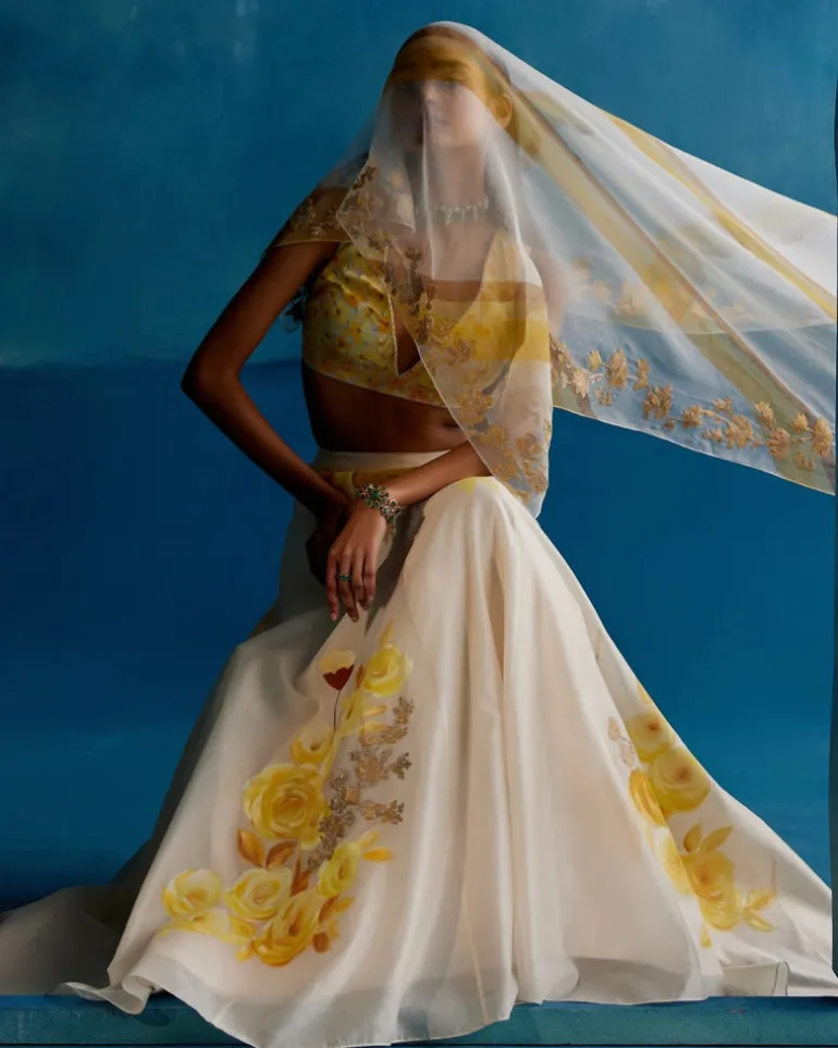Ivory And Yellow Silk Chanderi Hand-Painted Embroidered Lehenga Set
