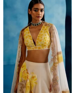 Ivory And Yellow Silk Chanderi Hand-Painted Embroidered Lehenga Set