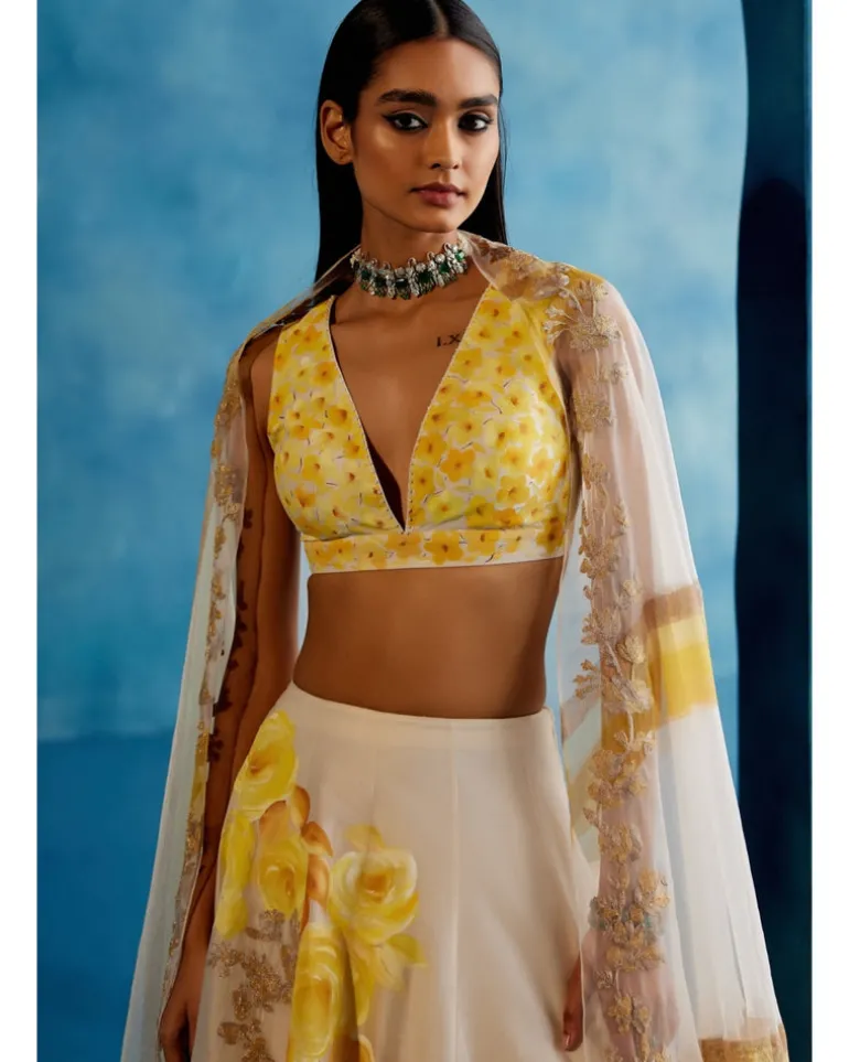 Ivory And Yellow Silk Chanderi Hand-Painted Embroidered Lehenga Set