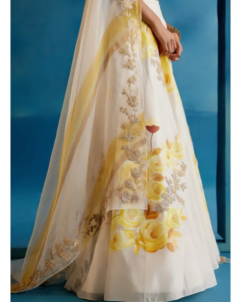 Ivory And Yellow Silk Chanderi Hand-Painted Embroidered Lehenga Set