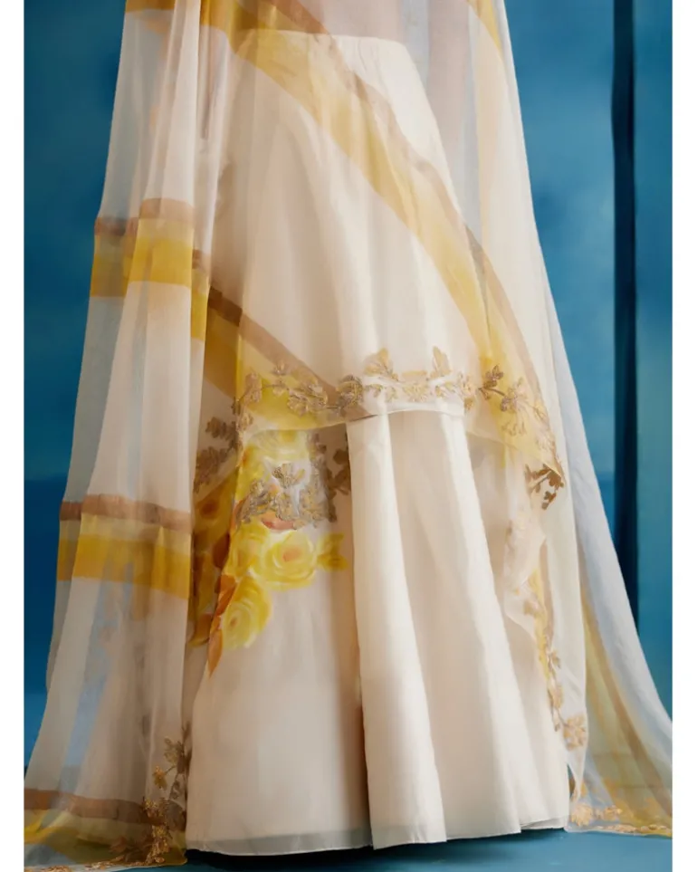 Ivory And Yellow Silk Chanderi Hand-Painted Embroidered Lehenga Set