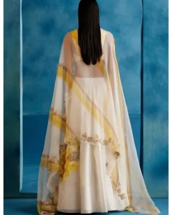 Ivory And Yellow Silk Chanderi Hand-Painted Embroidered Lehenga Set