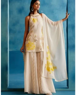 Ivory And Yellow Silk Organza Hand-Painted Embroidered Sharara Set
