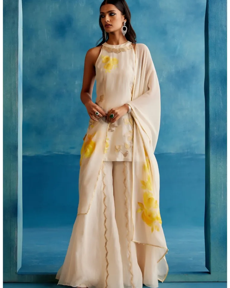Ivory And Yellow Silk Organza Hand-Painted Embroidered Sharara Set