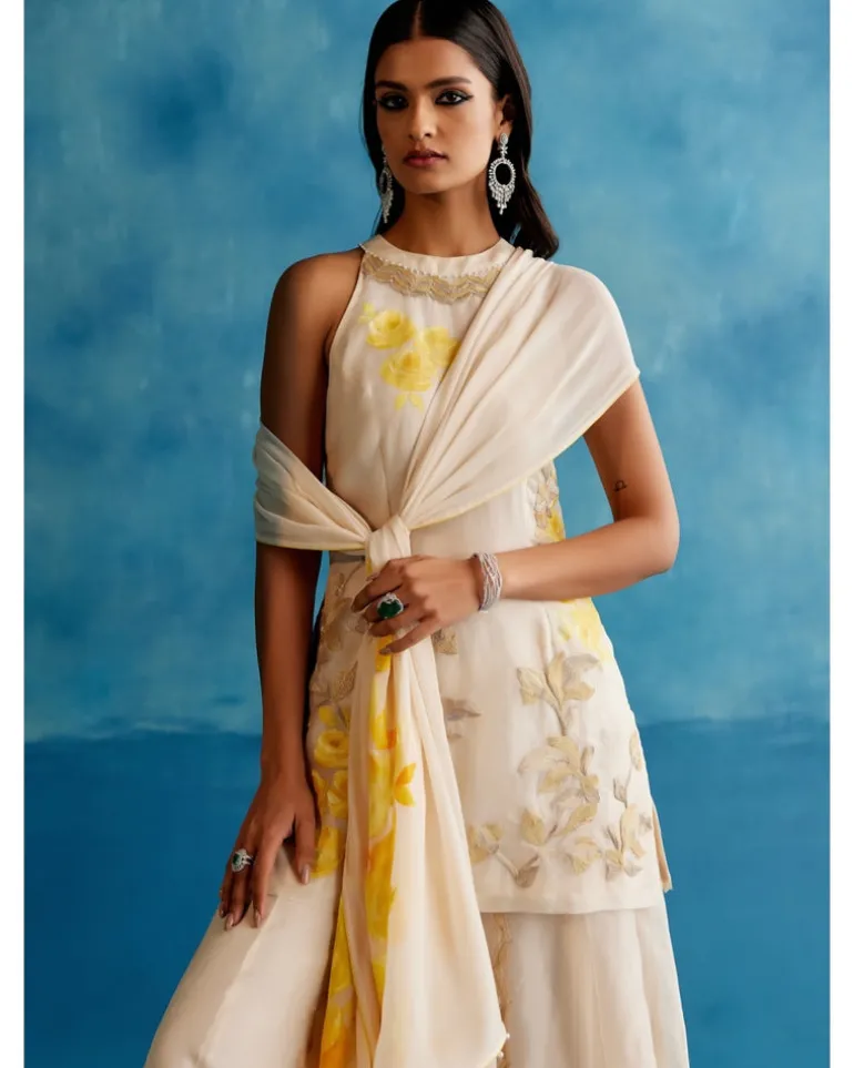 Ivory And Yellow Silk Organza Hand-Painted Embroidered Sharara Set