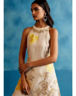 Ivory And Yellow Silk Organza Hand-Painted Embroidered Sharara Set
