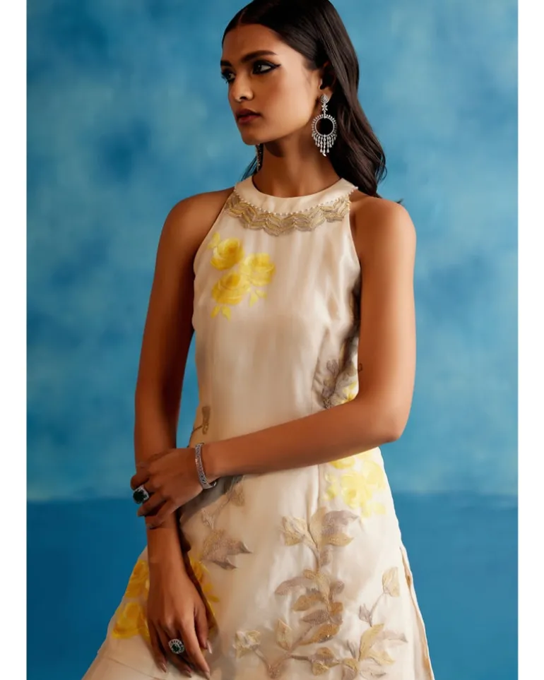 Ivory And Yellow Silk Organza Hand-Painted Embroidered Sharara Set