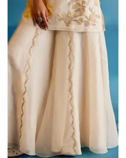Ivory And Yellow Silk Organza Hand-Painted Embroidered Sharara Set
