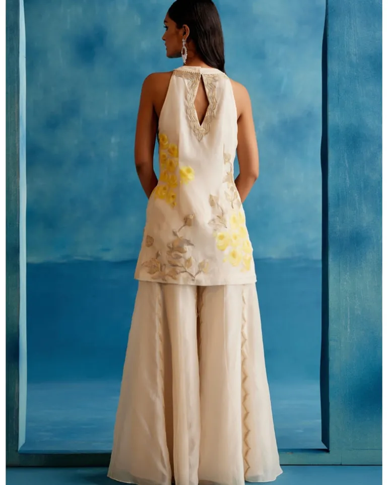Ivory And Yellow Silk Organza Hand-Painted Embroidered Sharara Set