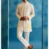 Ivory And Yellow Stripe Silk Chanderi Hand-Painted Kurta Set