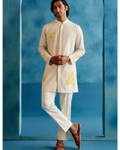 Ivory And Yellow Stripe Silk Chanderi Hand-Painted Kurta Set