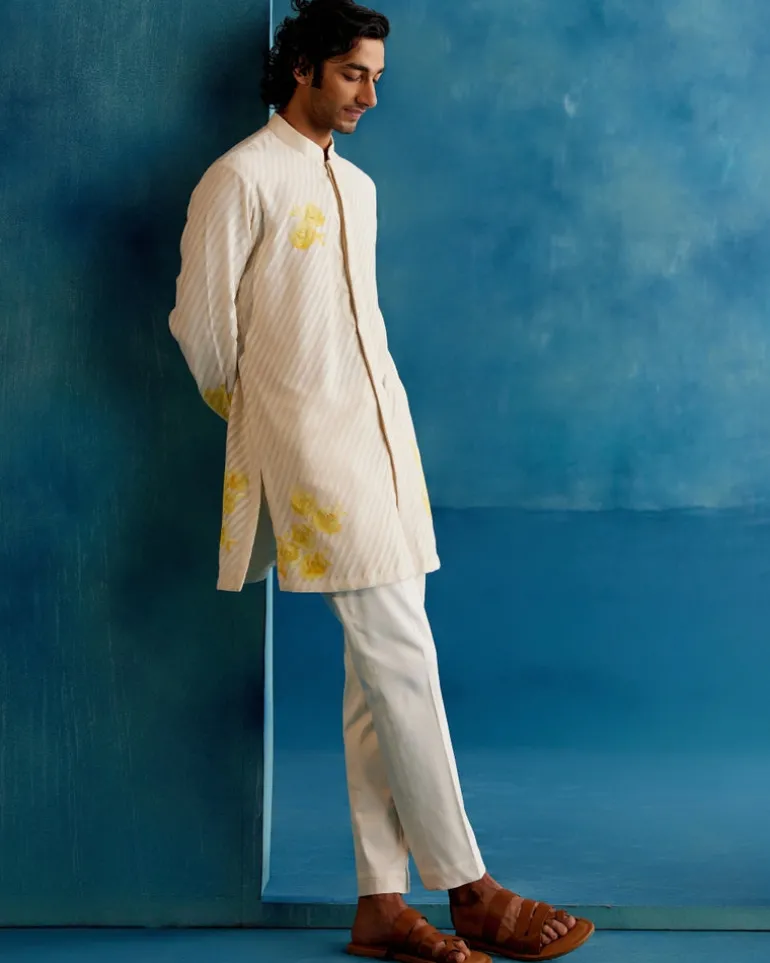 Ivory And Yellow Stripe Silk Chanderi Hand-Painted Kurta Set