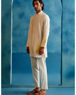 Ivory And Yellow Stripe Silk Chanderi Hand-Painted Kurta Set