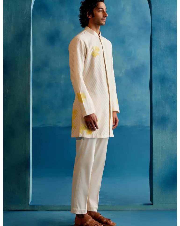 Ivory And Yellow Stripe Silk Chanderi Hand-Painted Kurta Set