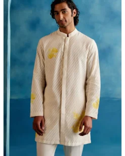 Ivory And Yellow Stripe Silk Chanderi Hand-Painted Kurta Set
