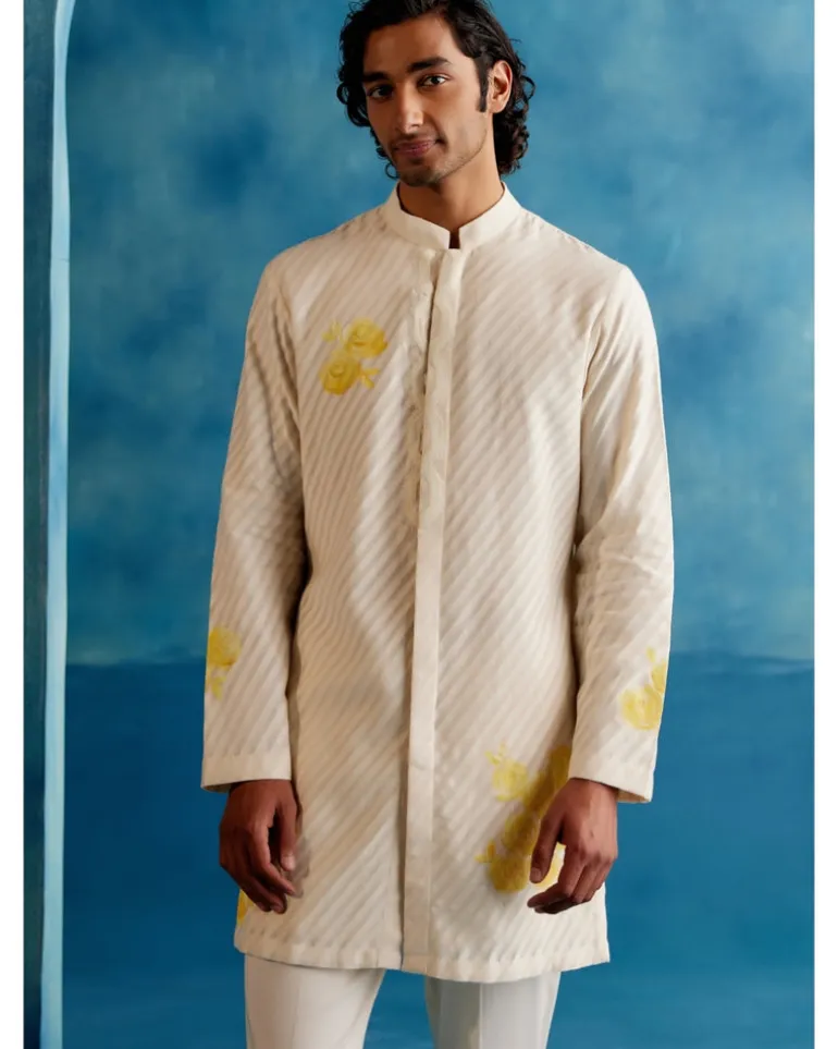 Ivory And Yellow Stripe Silk Chanderi Hand-Painted Kurta Set