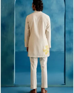 Ivory And Yellow Stripe Silk Chanderi Hand-Painted Kurta Set