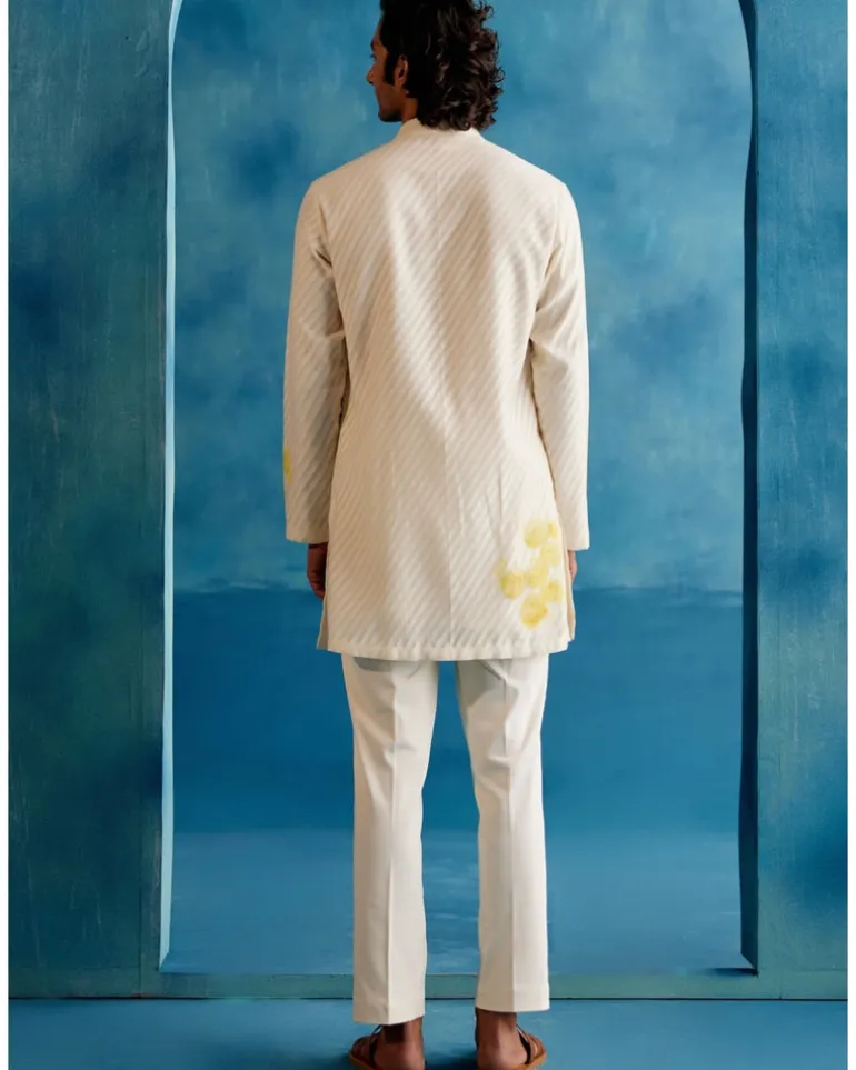 Ivory And Yellow Stripe Silk Chanderi Hand-Painted Kurta Set