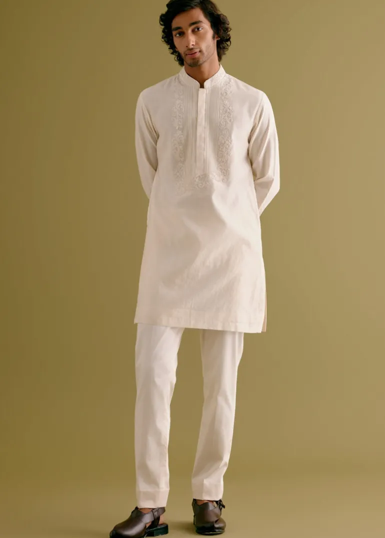 Ivory Block Printed Dori Embroidered Kurta Set