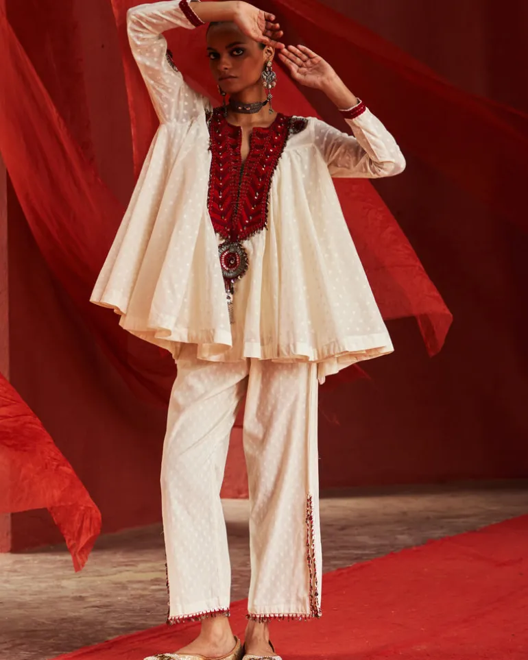 Ivory Chanderi Peplum & Slit Pant Set