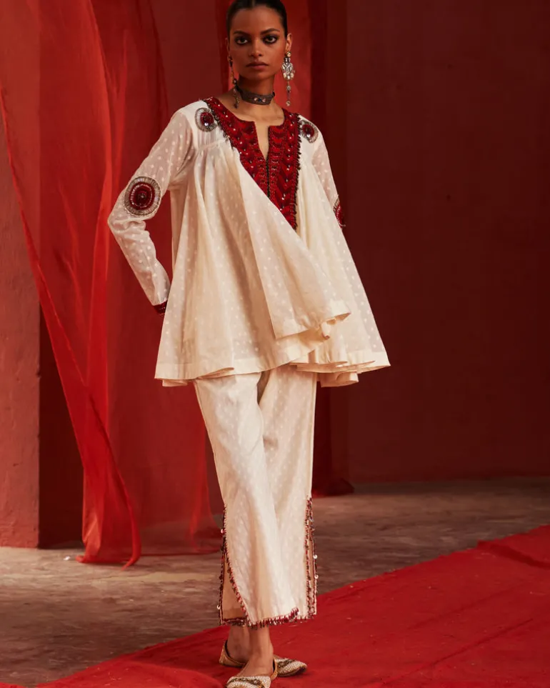 Ivory Chanderi Peplum & Slit Pant Set