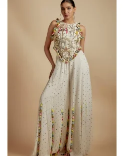 Ivory Embroidered Back Tie-Up Choli With Sharara Set