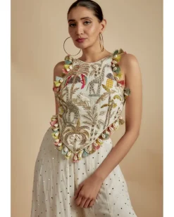Ivory Embroidered Back Tie-Up Choli With Sharara Set