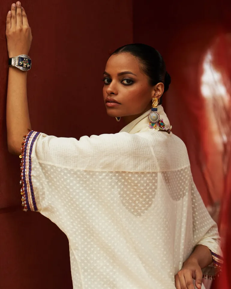 Ivory Embroidered Kurta With Cropped Salwar Set